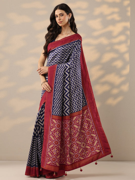 Blue Leheriya Printed Silk Blend Saree With Unstitched Blouse Piece