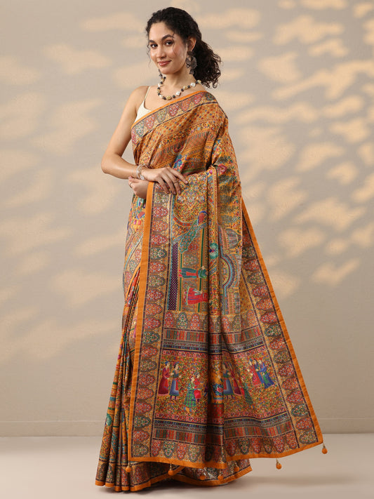 Mustard Printed Silk Blend Saree With Unstitched Blouse Piece