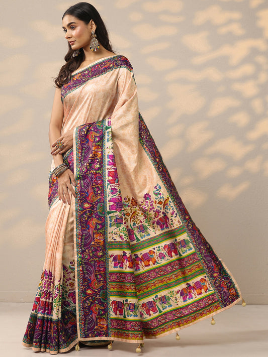 Gold Printed Silk Blend Saree With Unstitched Blouse Piece