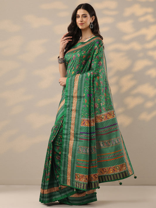 Green Printed Silk Blend Saree With Unstitched Blouse Piece