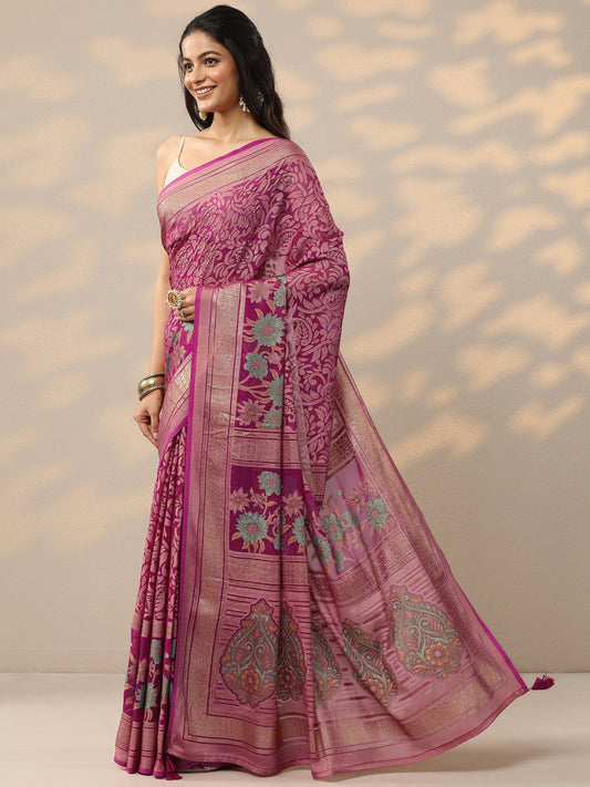 Magenta Printed Silk Blend Saree With Unstitched Blouse Piece