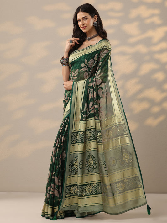 Green Printed Silk Blend Saree With Unstitched Blouse Piece