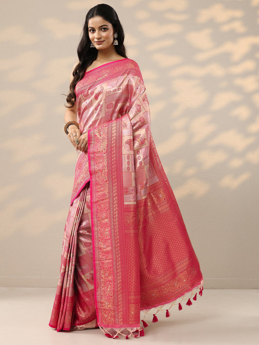 Pink Woven Design Silk Blend Saree With Unstitched Blouse Piece