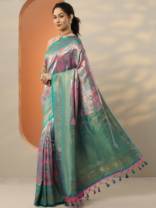 Pink Woven Design Silk Blend Saree With Unstitched Blouse Piece