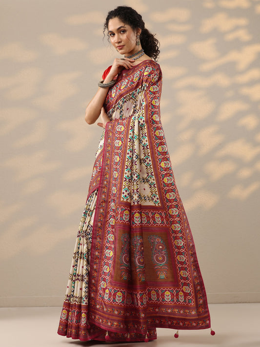 Beige Printed Silk Blend Saree With Unstitched Blouse Piece