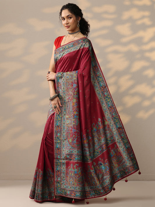 Red Embroidered Silk Blend Saree With Unstitched Blouse Piece