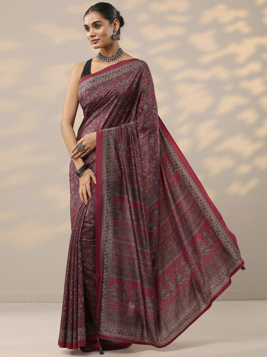 Red Printed Silk Blend Saree With Unstitched Blouse Piece