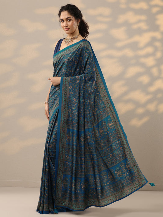 Blue Printed Silk Blend Saree With Unstitched Blouse Piece