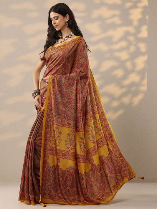 Mustard Printed Silk Blend Saree With Unstitched Blouse Piece