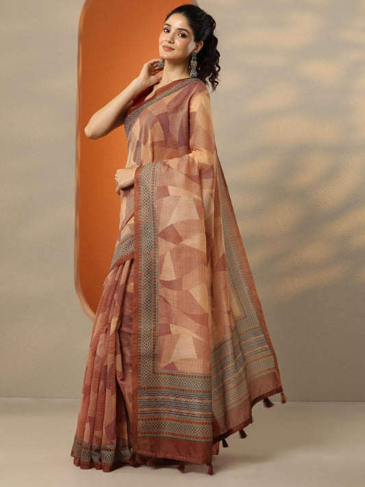 Brown Printed Silk Blend Saree With Unstitched Blouse Piece