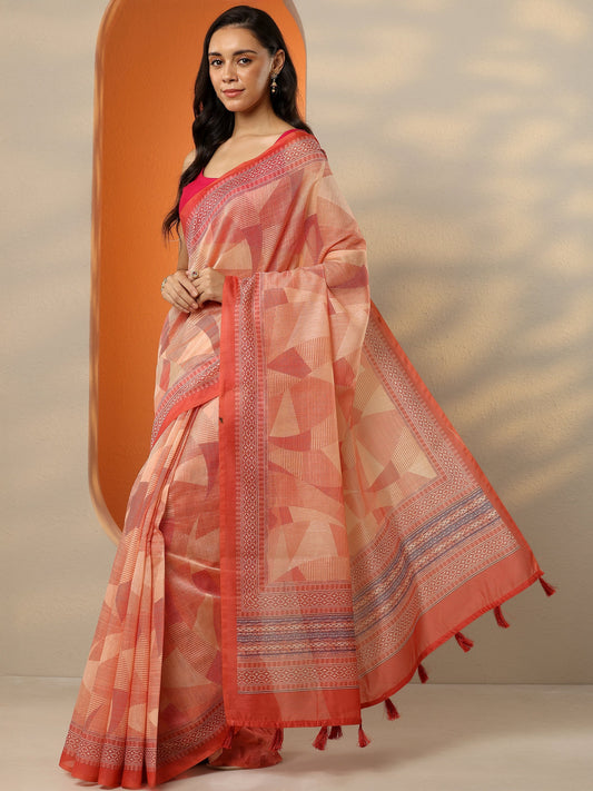 Coral Printed Silk Blend Saree With Unstitched Blouse Piece