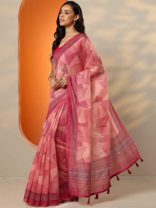Pink Printed Silk Blend Saree With Unstitched Blouse Piece