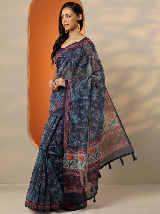 Blue Printed Silk Blend Saree With Unstitched Blouse Piece