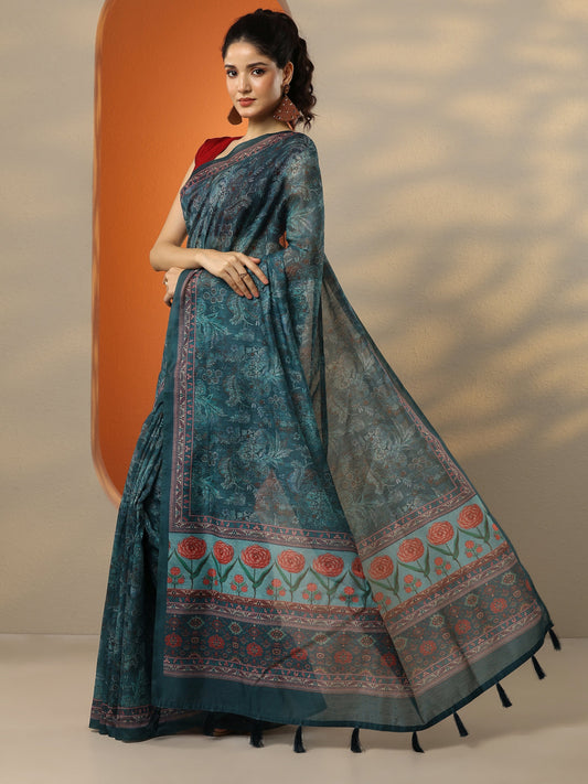 Green Printed Silk Blend Saree With Unstitched Blouse Piece