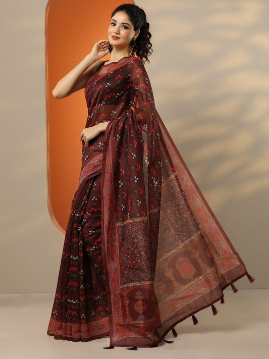 Brown Printed Silk Blend Saree With Unstitched Blouse Piece