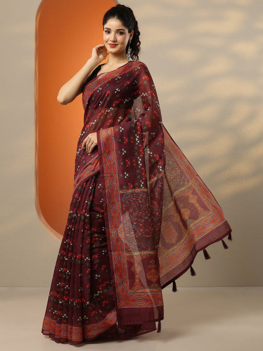 Brown Printed Silk Blend Saree With Unstitched Blouse Piece