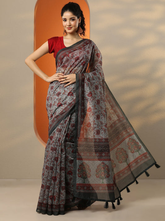 Green Printed Silk Blend Saree With Unstitched Blouse Piece