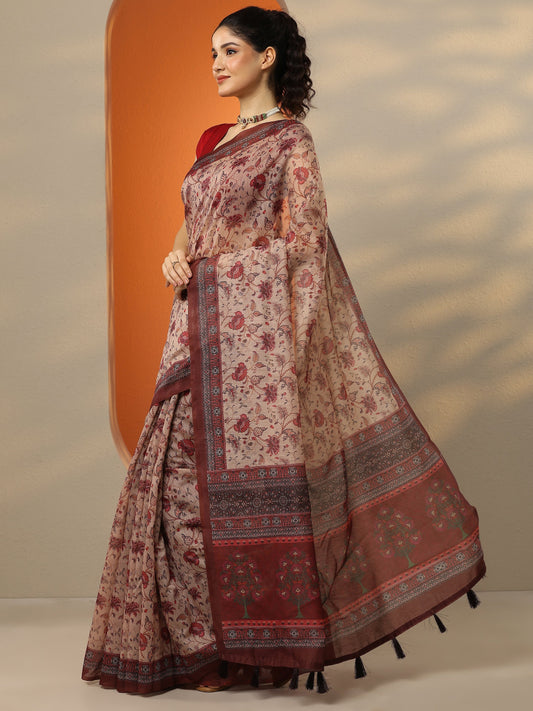 Beige Printed Silk Blend Saree With Unstitched Blouse Piece