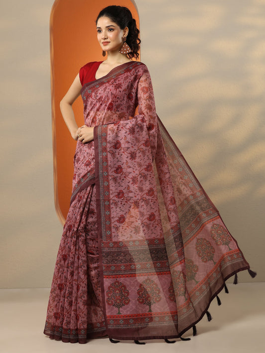 Pink Printed Silk Blend Saree With Unstitched Blouse Piece
