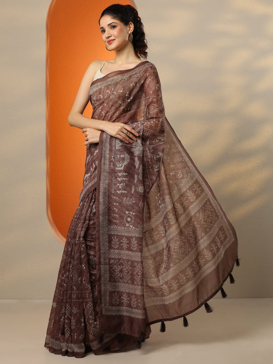 Brown Printed Silk Blend Saree With Unstitched Blouse Piece