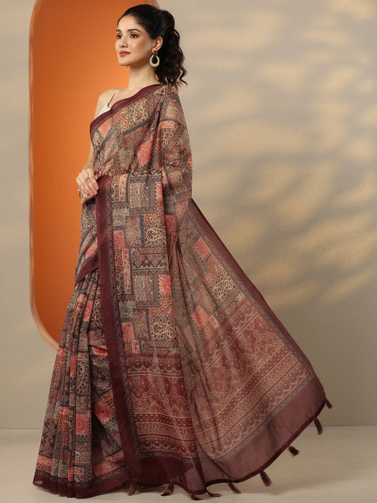 Brown Printed Silk Blend Saree With Unstitched Blouse Piece
