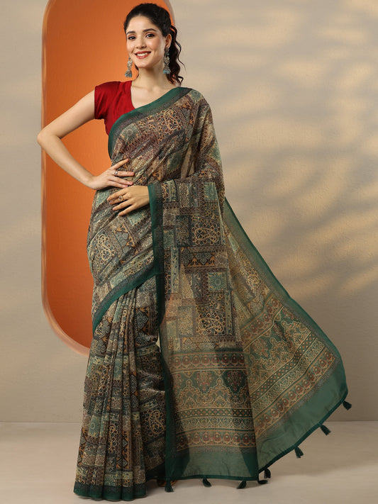 Green Printed Silk Blend Saree With Unstitched Blouse Piece
