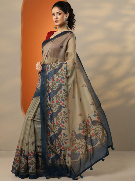 Beige Printed Silk Blend Saree With Unstitched Blouse Piece