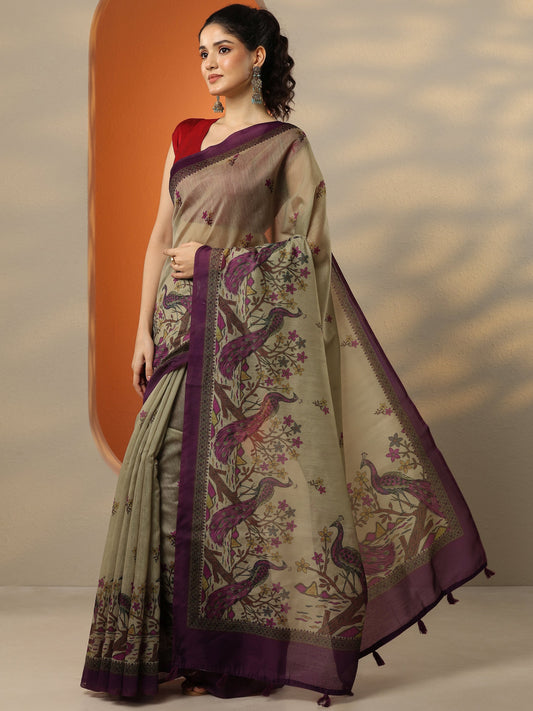 Beige Printed Silk Blend Saree With Unstitched Blouse Piece