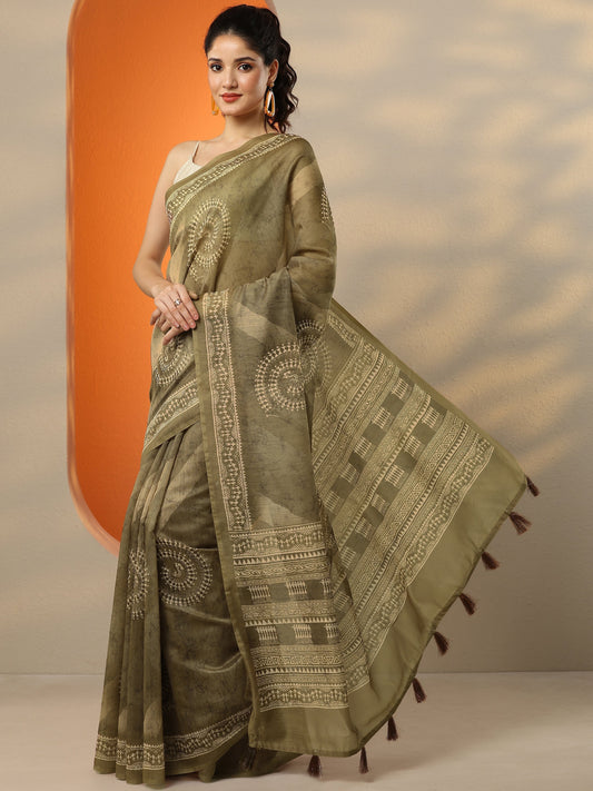 Green Printed Silk Blend Saree With Unstitched Blouse Piece