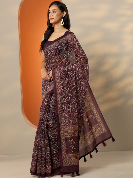 Brown Printed Silk Blend Saree With Unstitched Blouse Piece