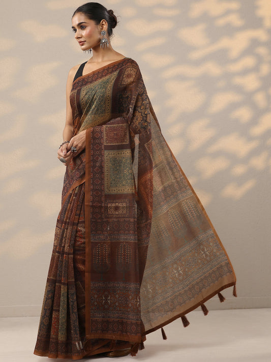Brown Printed Silk Blend Saree With Unstitched Blouse Piece