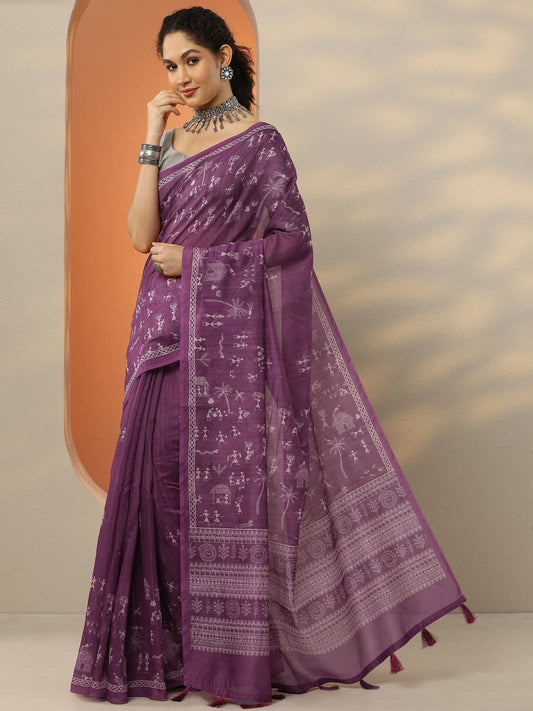 Purple Printed Silk Blend Saree With Unstitched Blouse Piece