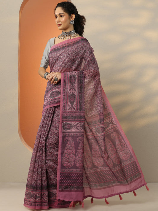 Pink Printed Silk Blend Saree With Unstitched Blouse Piece