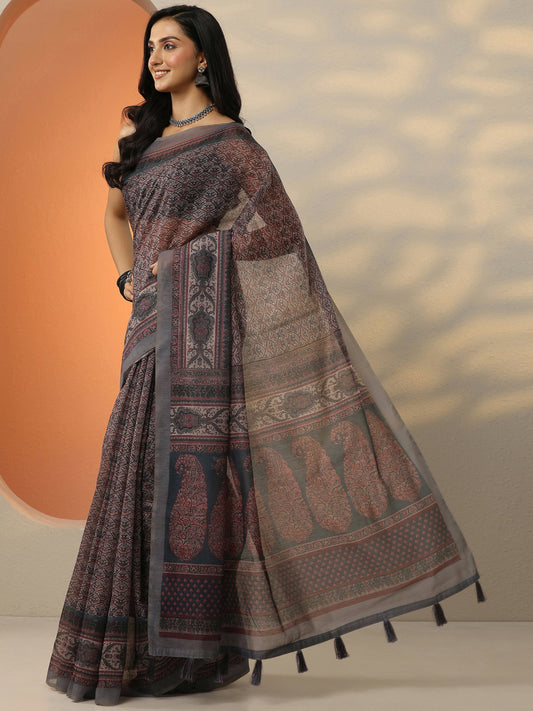 Grey Printed Silk Blend Saree With Unstitched Blouse Piece