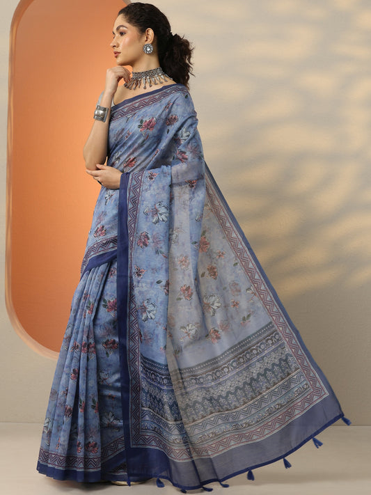Blue Printed Silk Blend Saree With Unstitched Blouse Piece