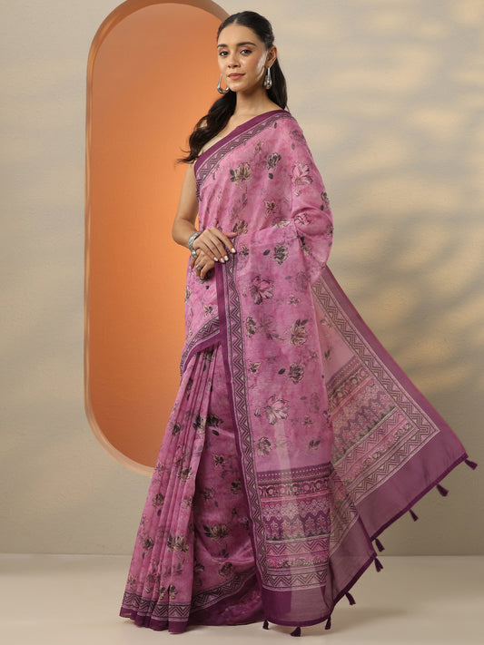 Pink Printed Silk Blend Saree With Unstitched Blouse Piece