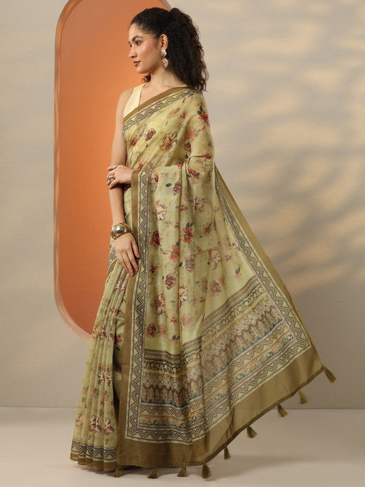 Green Printed Silk Blend Saree With Unstitched Blouse Piece