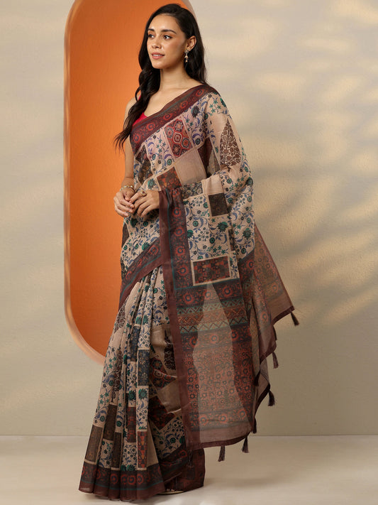 Beige Printed Silk Blend Saree With Unstitched Blouse Piece