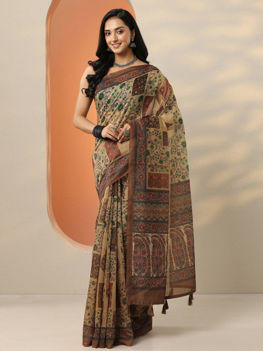 Brown Printed Silk Blend Saree With Unstitched Blouse Piece