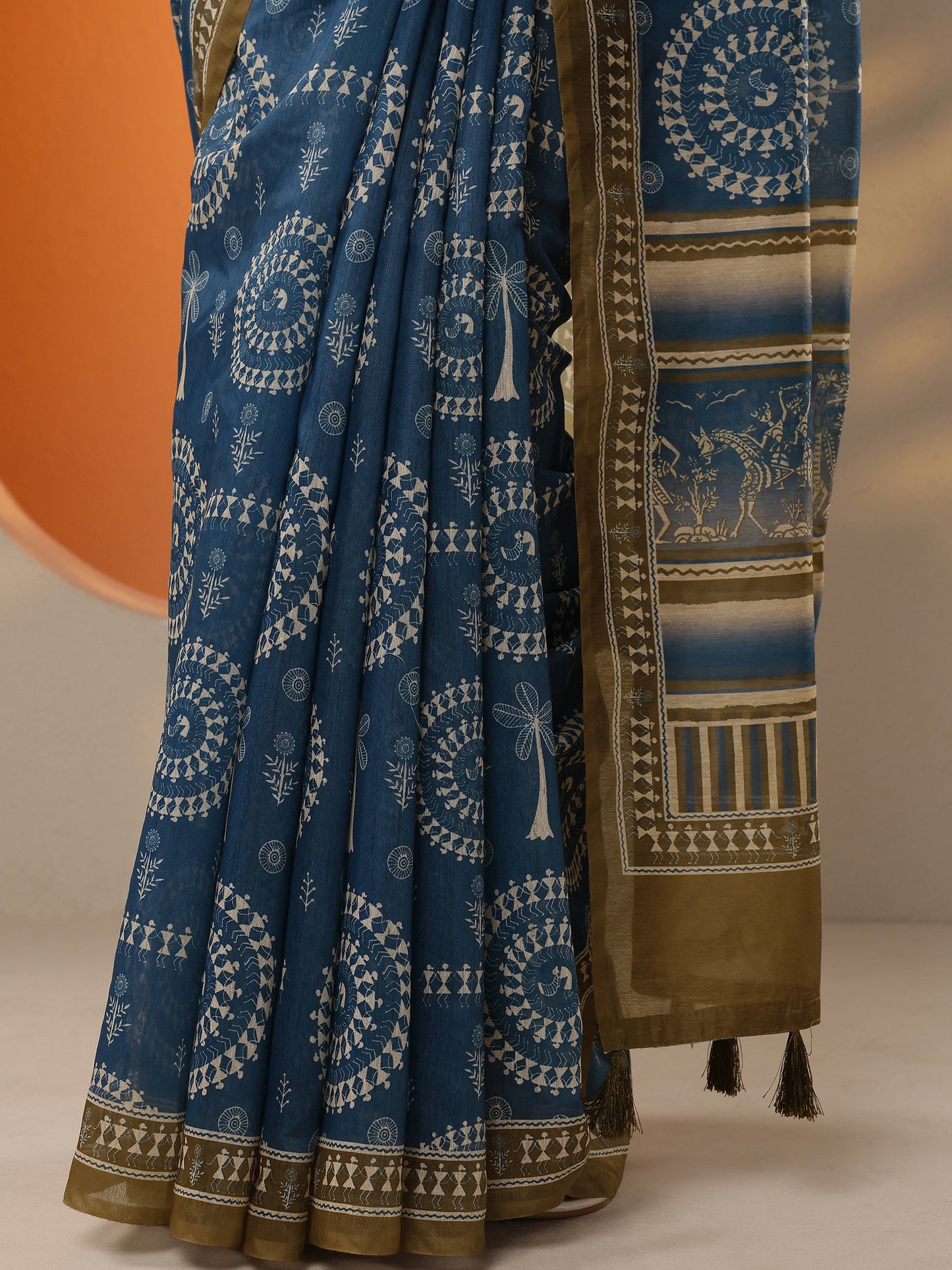 Blue Printed Silk Blend Saree With Unstitched Blouse Piece