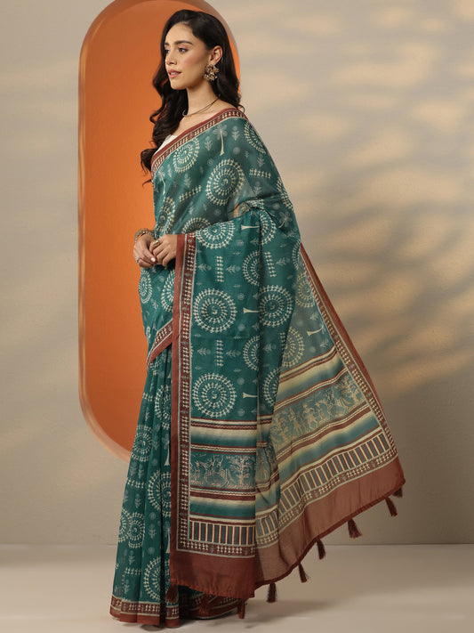 Green Printed Silk Blend Saree With Unstitched Blouse Piece