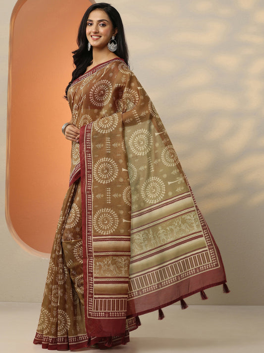 Mustard Printed Silk Blend Saree With Unstitched Blouse Piece