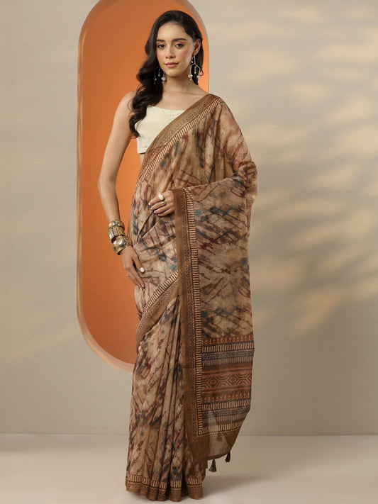 Brown Printed Silk Blend Saree With Unstitched Blouse Piece
