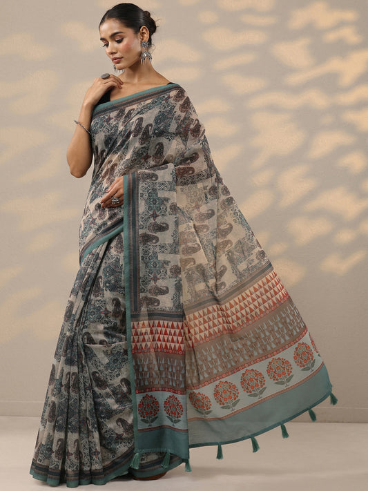 Green Printed Silk Blend Saree With Unstitched Blouse Piece
