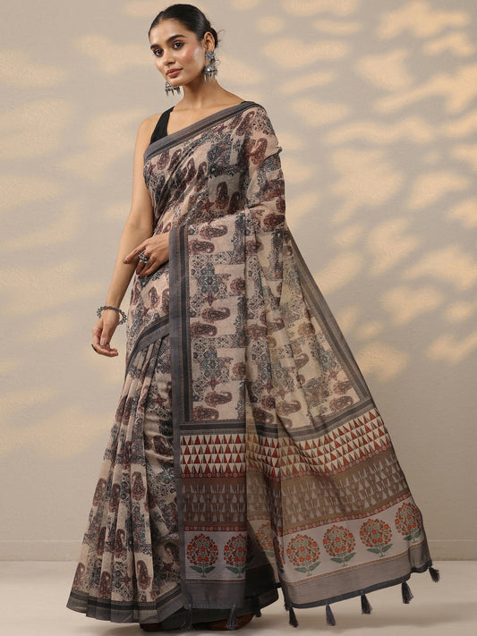 Black Printed Silk Blend Saree With Unstitched Blouse Piece