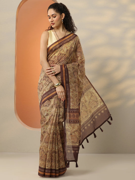 Brown Printed Silk Blend Saree With Unstitched Blouse Piece