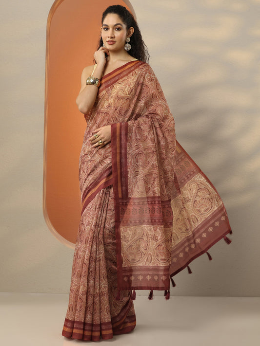 Maroon Printed Silk Blend Saree With Unstitched Blouse Piece