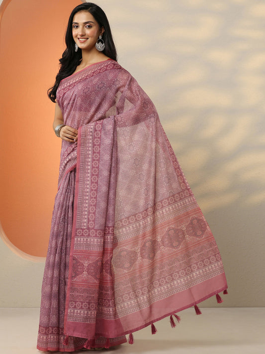 Pink Printed Silk Blend Saree With Unstitched Blouse Piece