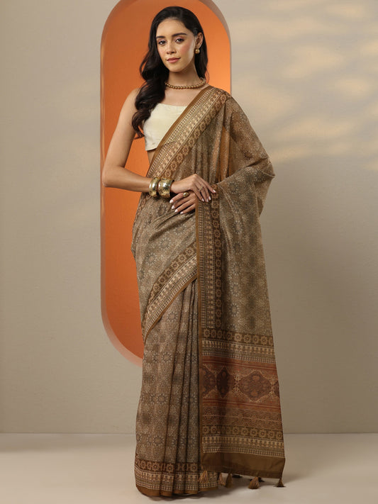 Brown Printed Silk Blend Saree With Unstitched Blouse Piece