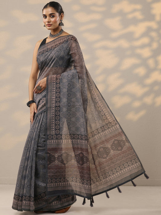 Grey Printed Silk Blend Saree With Unstitched Blouse Piece